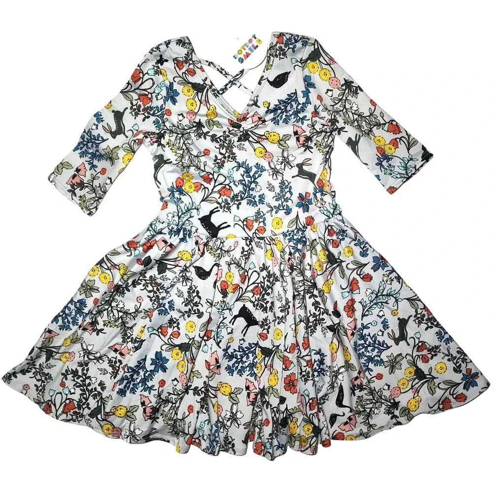 Dot Smile Girls 5 6 Gray Floral Swan Deer Bunny Ballerina Twirl Dress 3/4 Sleeve